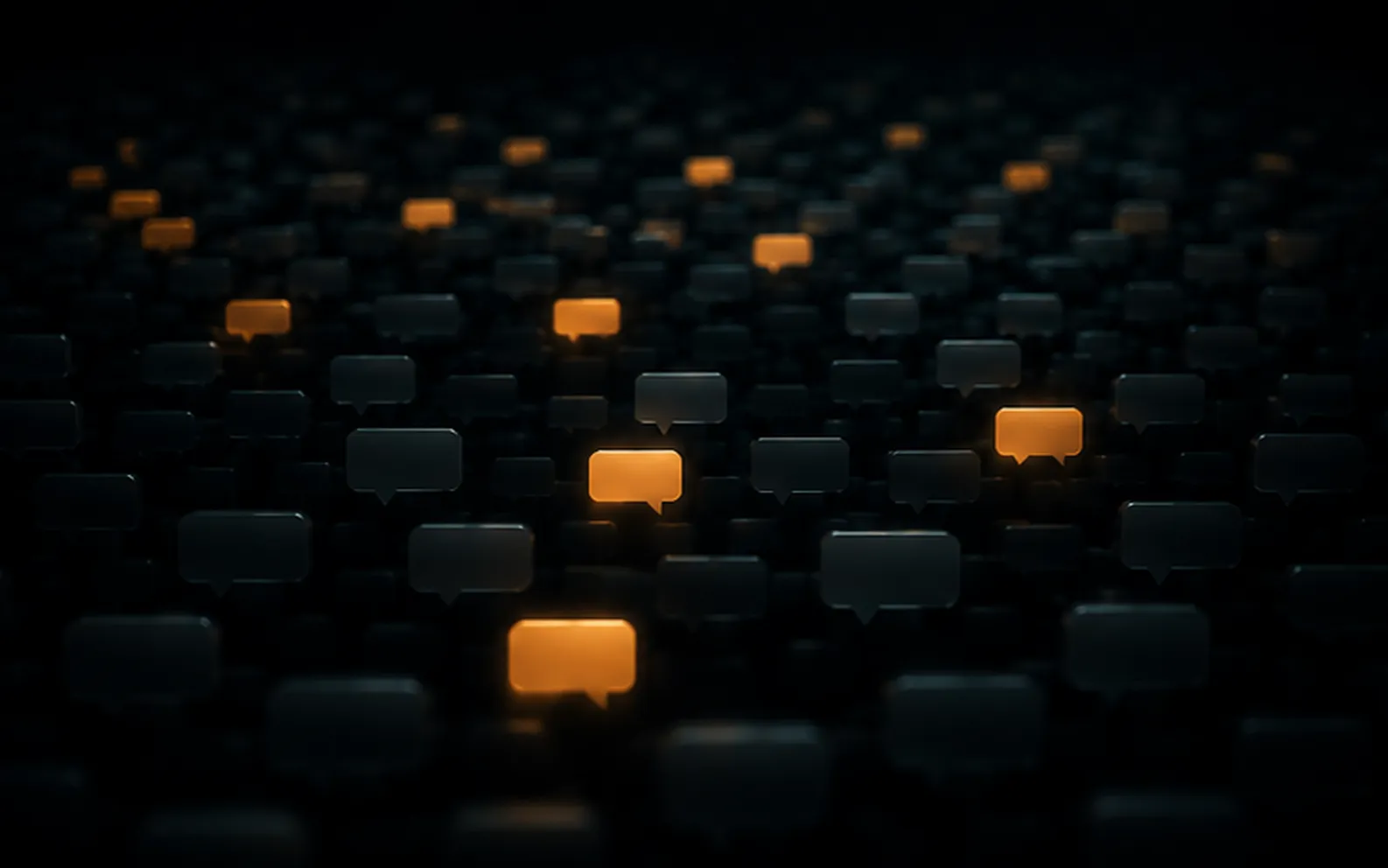 A dark field of blank message bubbles, a scattered few glowing warm and in focus